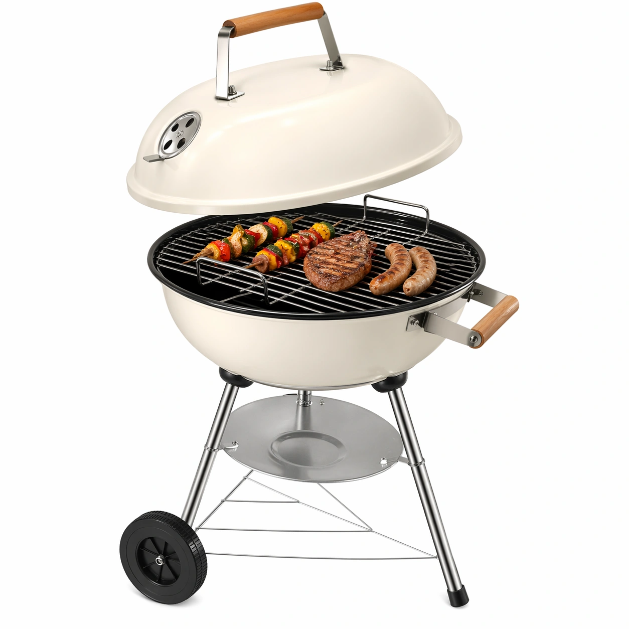 Runder Holzkohlegrill BBQ Grill mit Deckel und Rollen Tragbarer Kugelgrill fuer Garten Balkon Camping Creme-rivqira