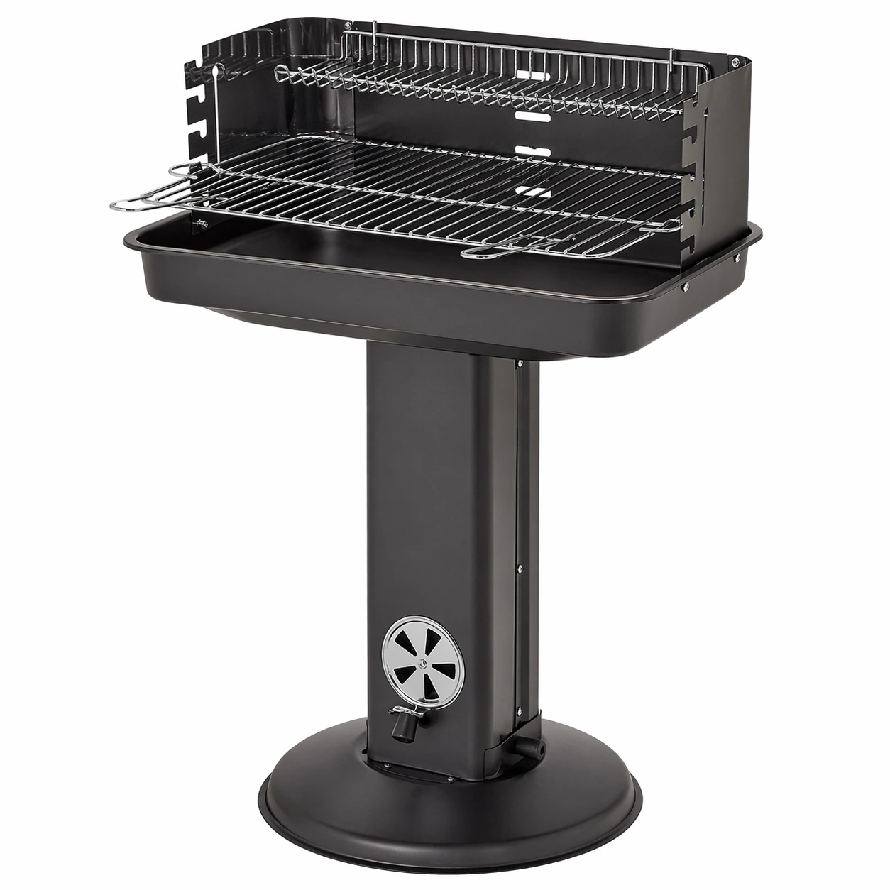 Holzkohlegrill Standgrill mit Saeule, Hoehenverstellbar 5 Stufen, Grillrost mit Ablage und Luftregulierung, Kompakt und Stabil, Schwarz-rivqira