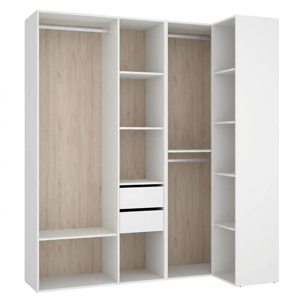 Armario de Esquina con Dos Cajones en Blanco y Natural, 205 x 182.5 x 79.5 cm