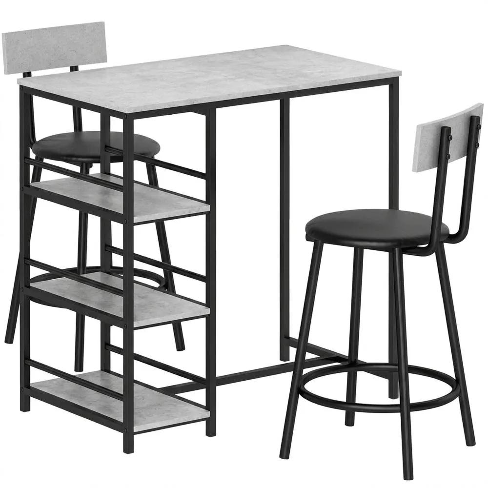 Conjunto de Mesa Alta con 2 Taburetes para Cocina con Estantes Laterales y Reposapiés Gris Oscuro