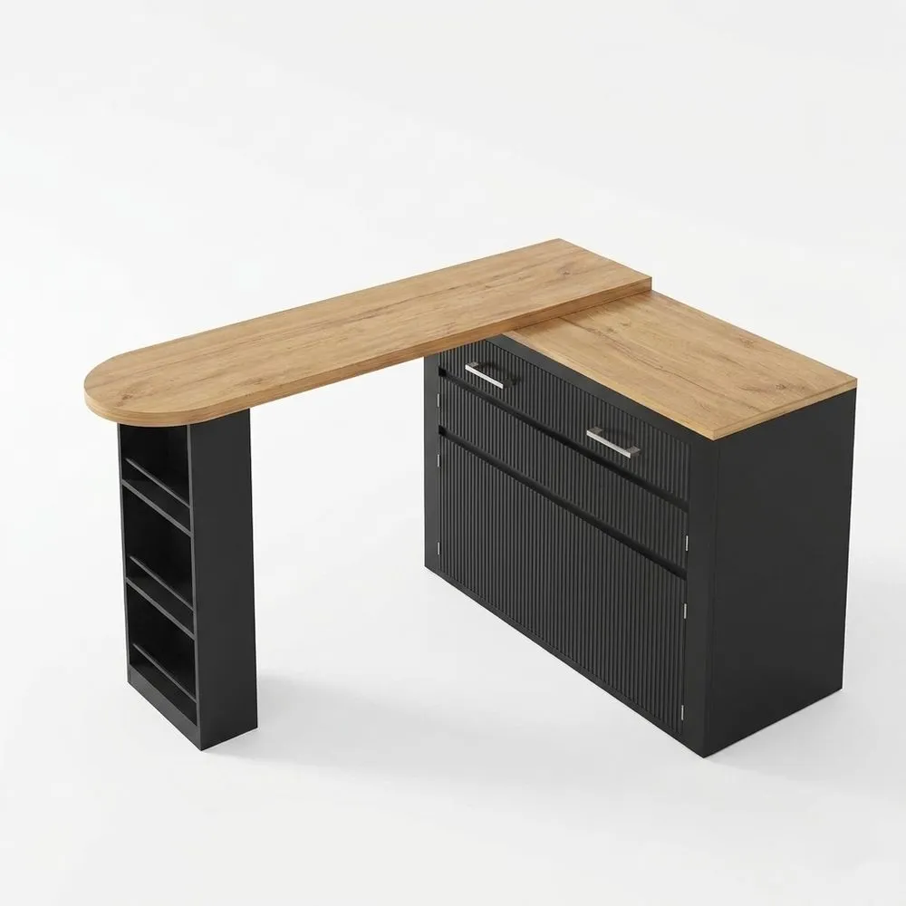 Mesa de Bar Extensible con Ruedas y Almacenamiento, Mesa Alta con Cajón y Puertas, Mueble Auxiliar con Dispositivo Antivuelco, Negro