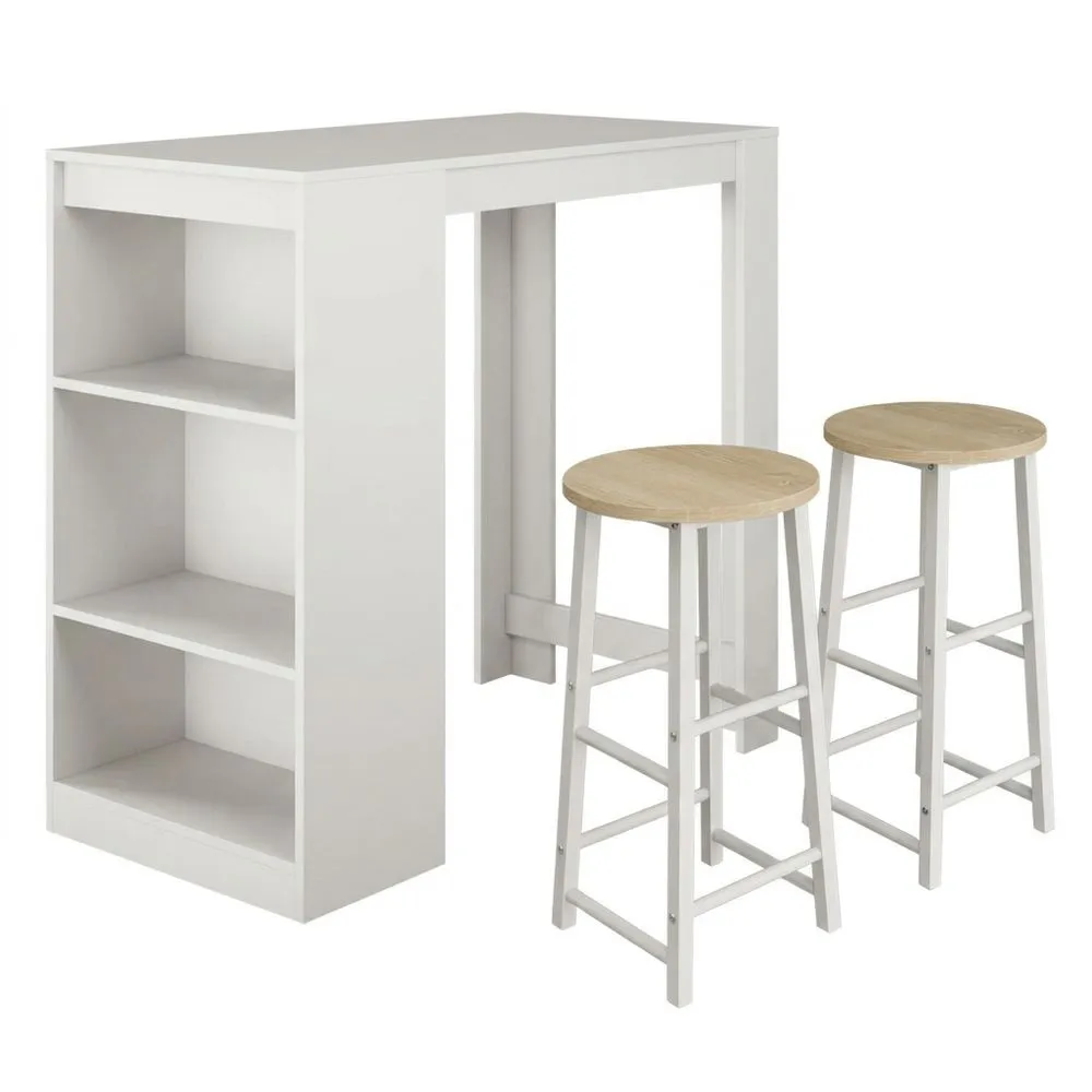 Mesa Alta de Bar con 2 Taburetes, Estilo Moderno, Cocina con 3 Estantes, Blanco, 110 x 103 x 50 cm
