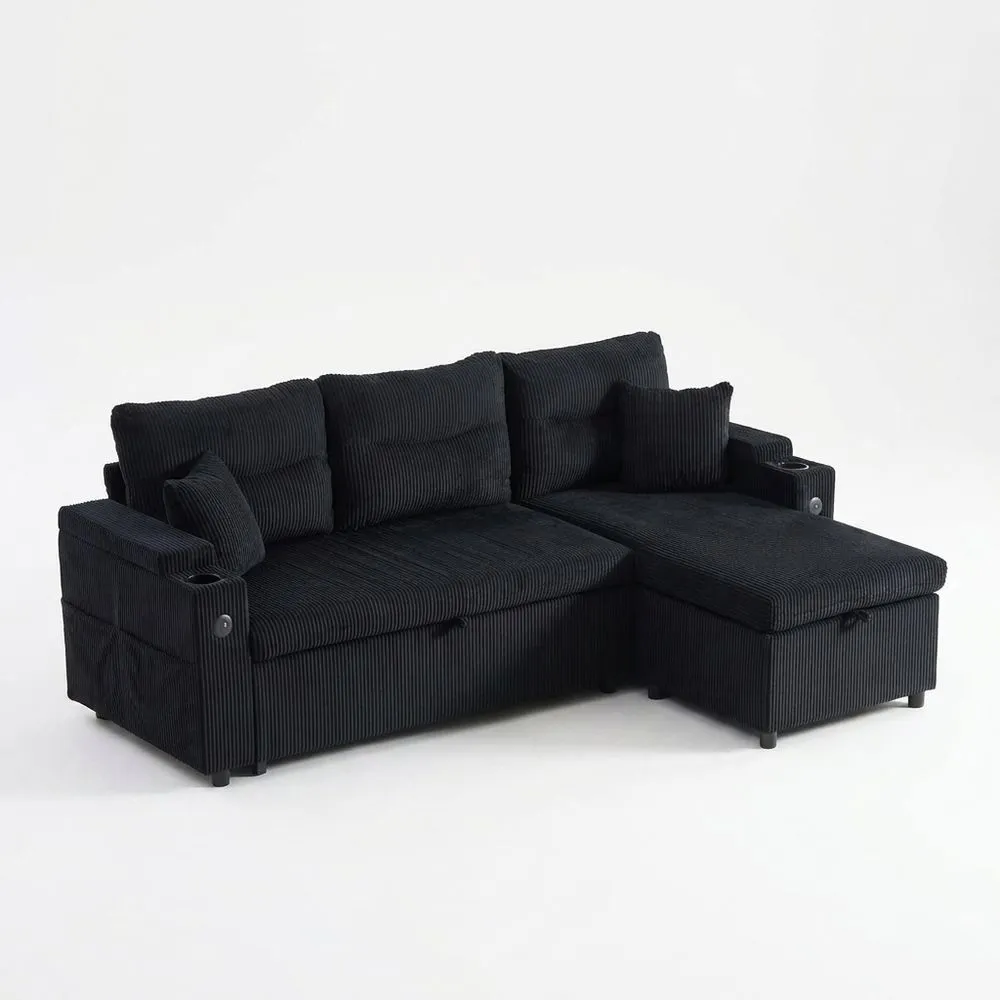 Sofá moderno de tres plazas con espacio de almacenamiento, portavasos y puerto USB-C, chaise longue hidráulica y cama con cajón: diseño elegante y comodidad