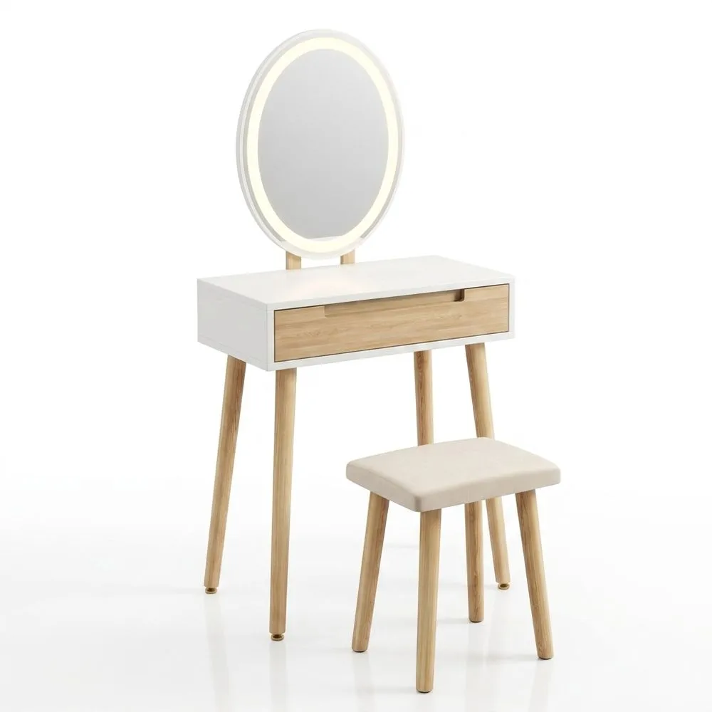 Tocador moderno con luz, 1 cajón y organizador, espejo ovalado