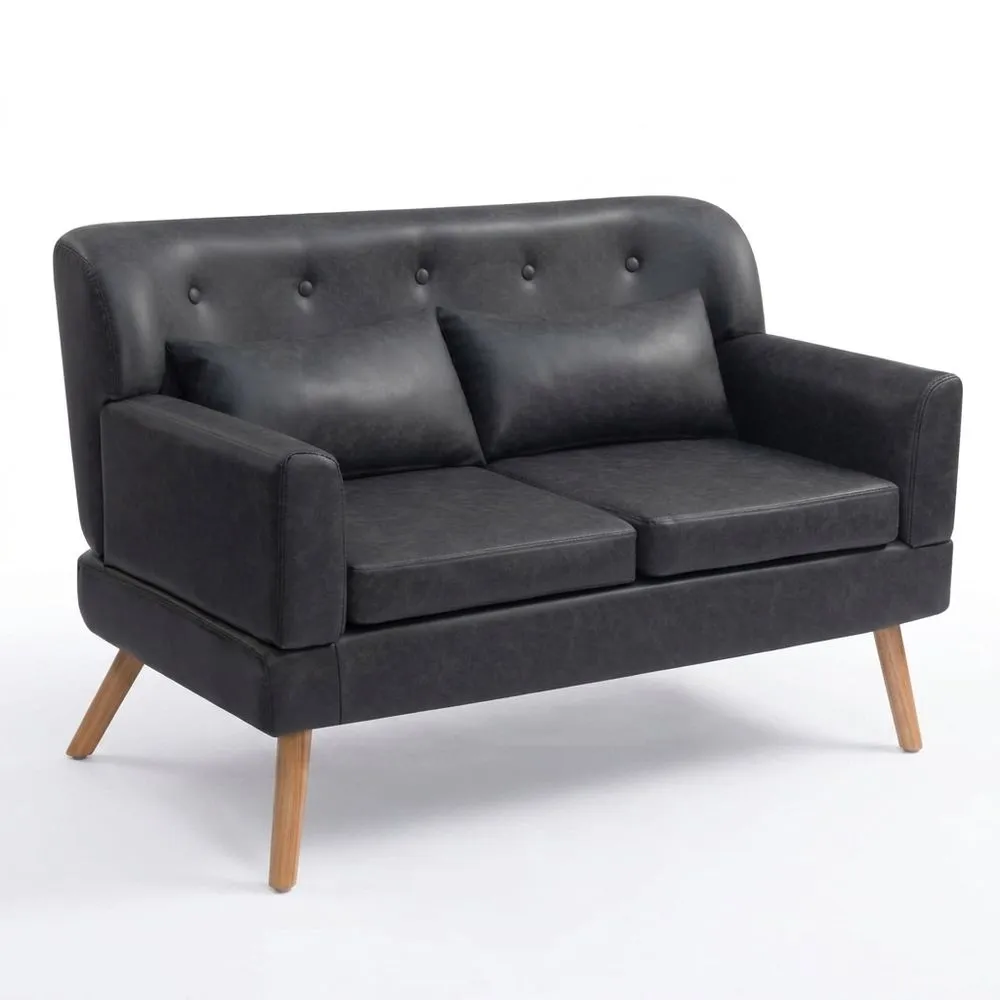 Sofá de dos plazas con patas de madera, 117 cm, PU, para sala de estar y oficina, negro