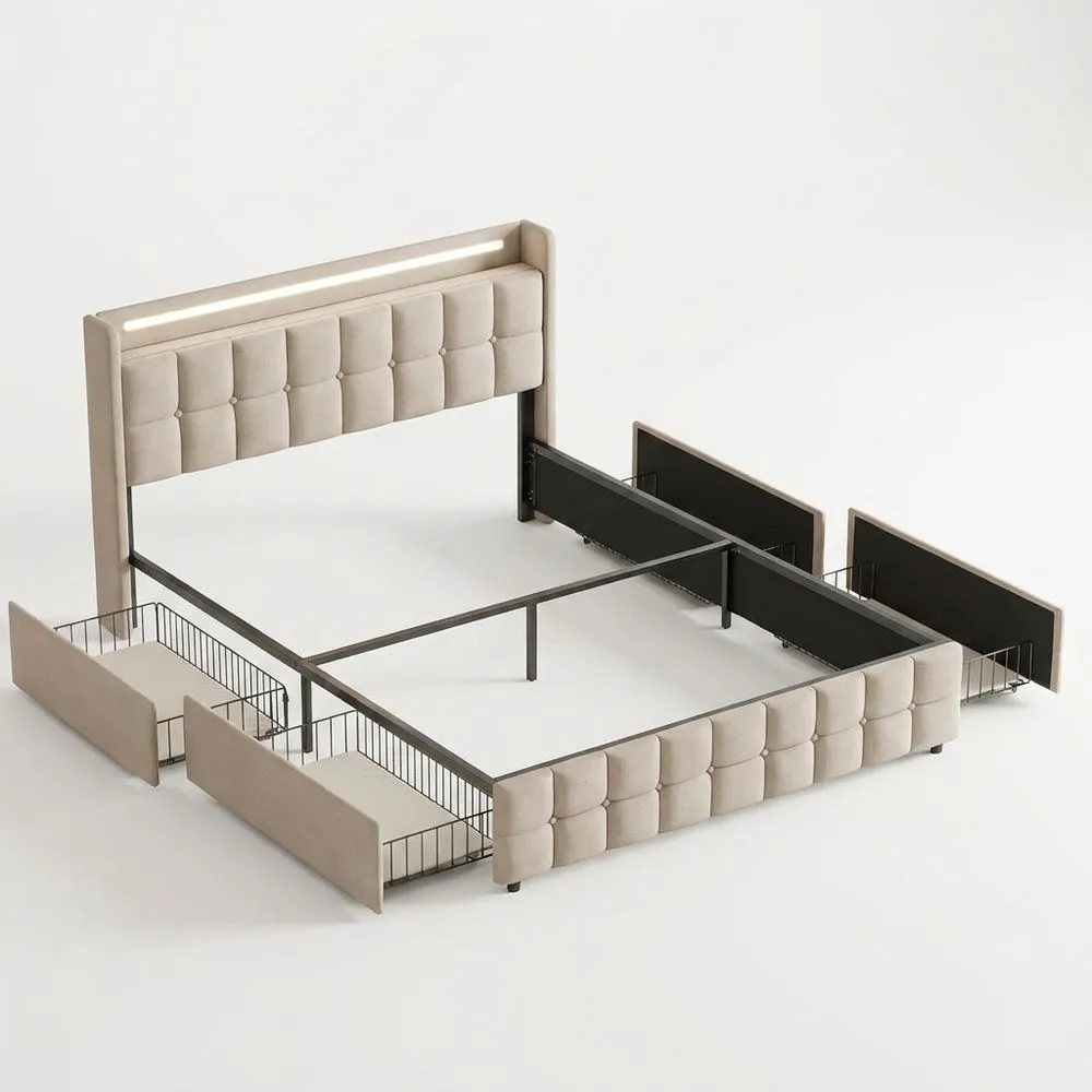 Cama Tapizada con LED de 180 x 200 cm y Cajones con Puerto USB