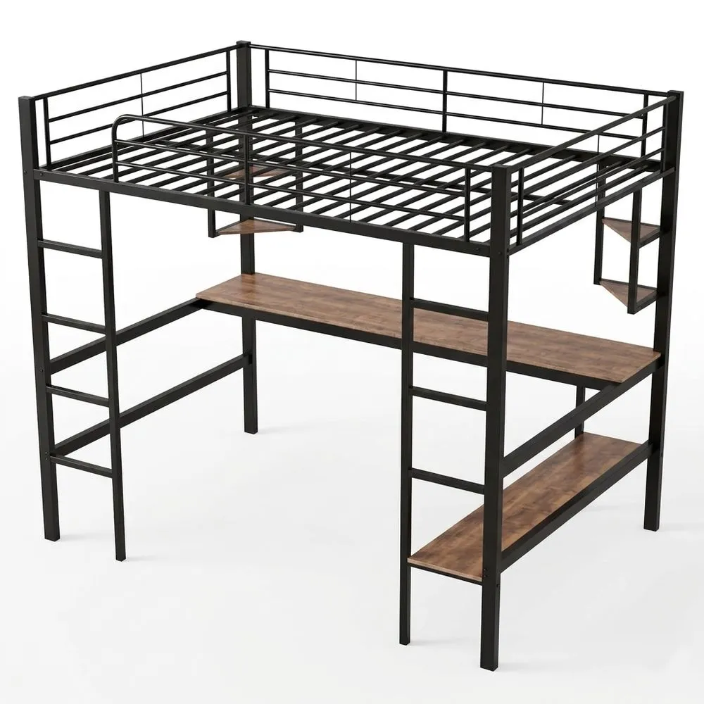Cama alta de metal con escritorio y estanterías