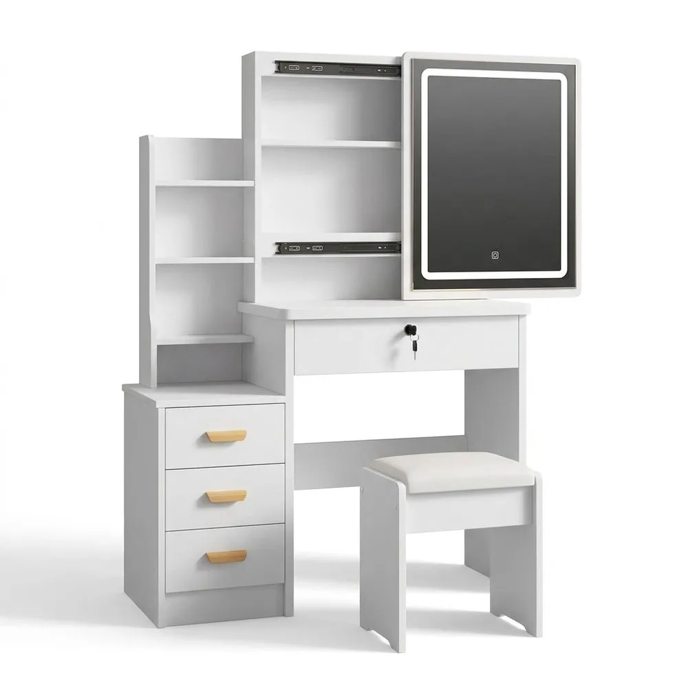 Tocador Moderno con Espejo de Brillo Ajustable y Luces LED, 5 Cajones y 3 Estantes