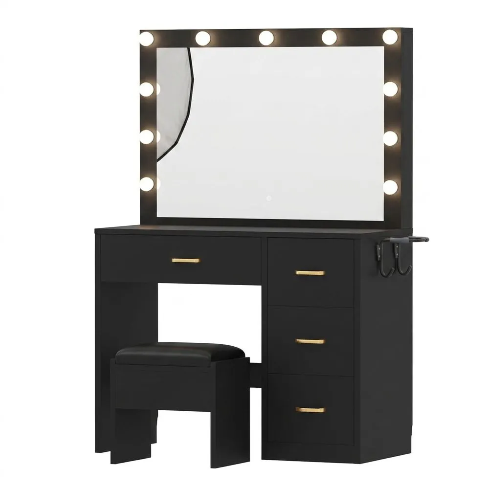 Tocador con Espejo y 4 Cajones, Taburete, Luz y Enchufe, Color Negro