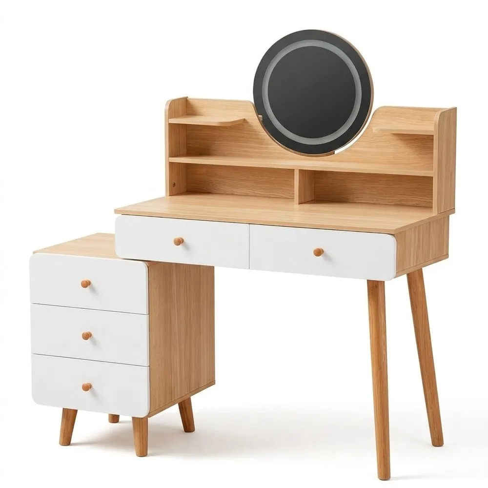 Tocador con Espejo LED, Mesa de Maquillaje con 5 Cajones y 6 Estantes de Almacenamiento, 40 x 80 x 134 cm, Estilo Moderno de Madera, Blanco