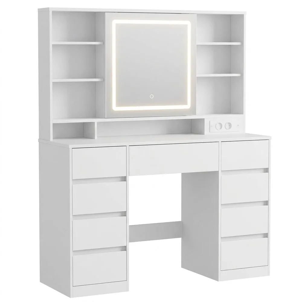 Tocador con Espejo LED, Tiras de Corriente y 9 Cajones, Blanco