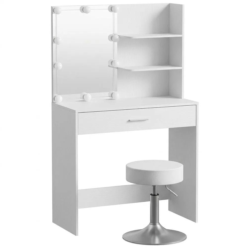 Tocador de Maquillaje con Espejo e Iluminación LED, Mesa con Taburete, Cajón Grande y Estantes
