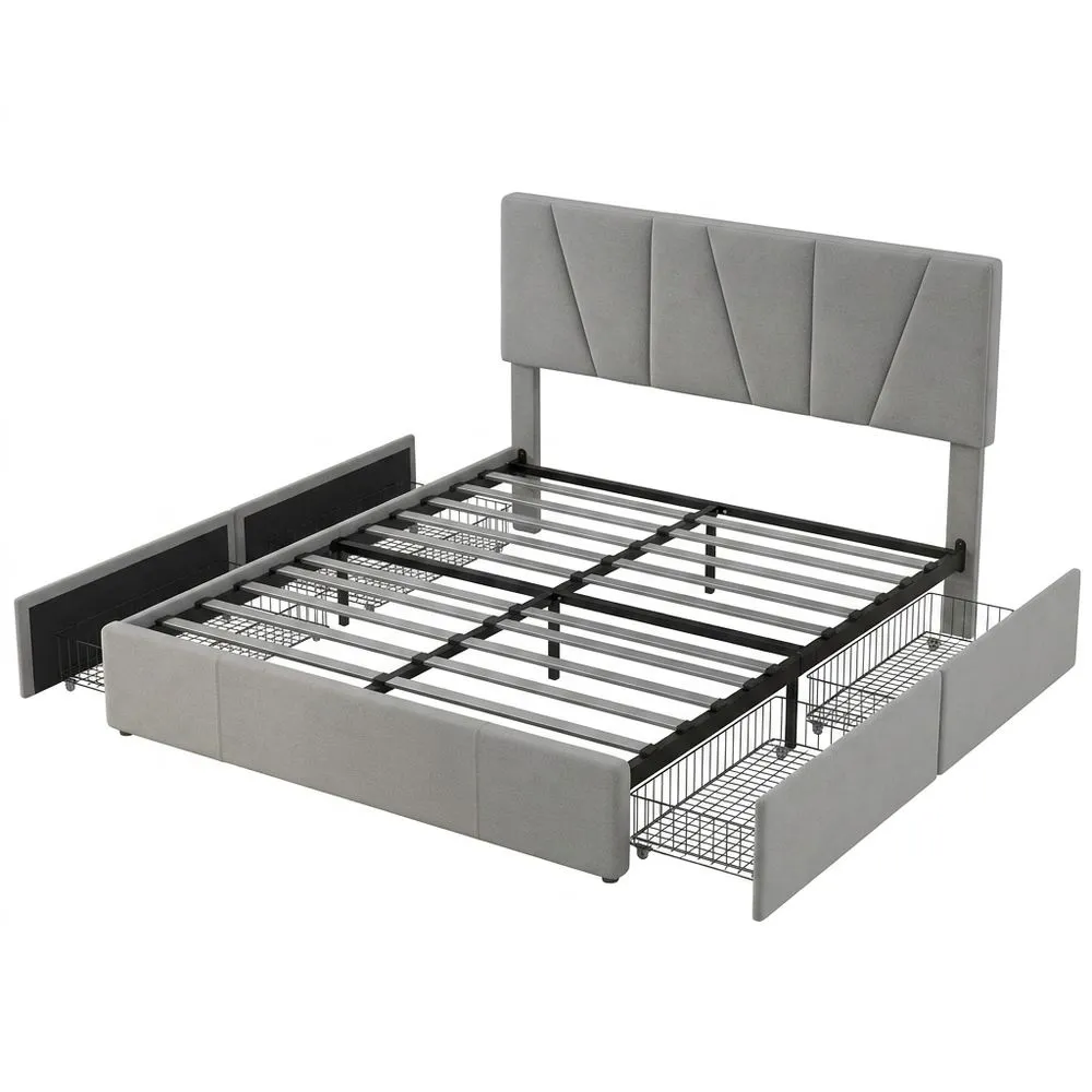 Cama Doble Tapizada con Cuatro Cajones y Cabecero Ajustable, Base de Listones, Sin Colchón, 140 x 200 cm, Gris