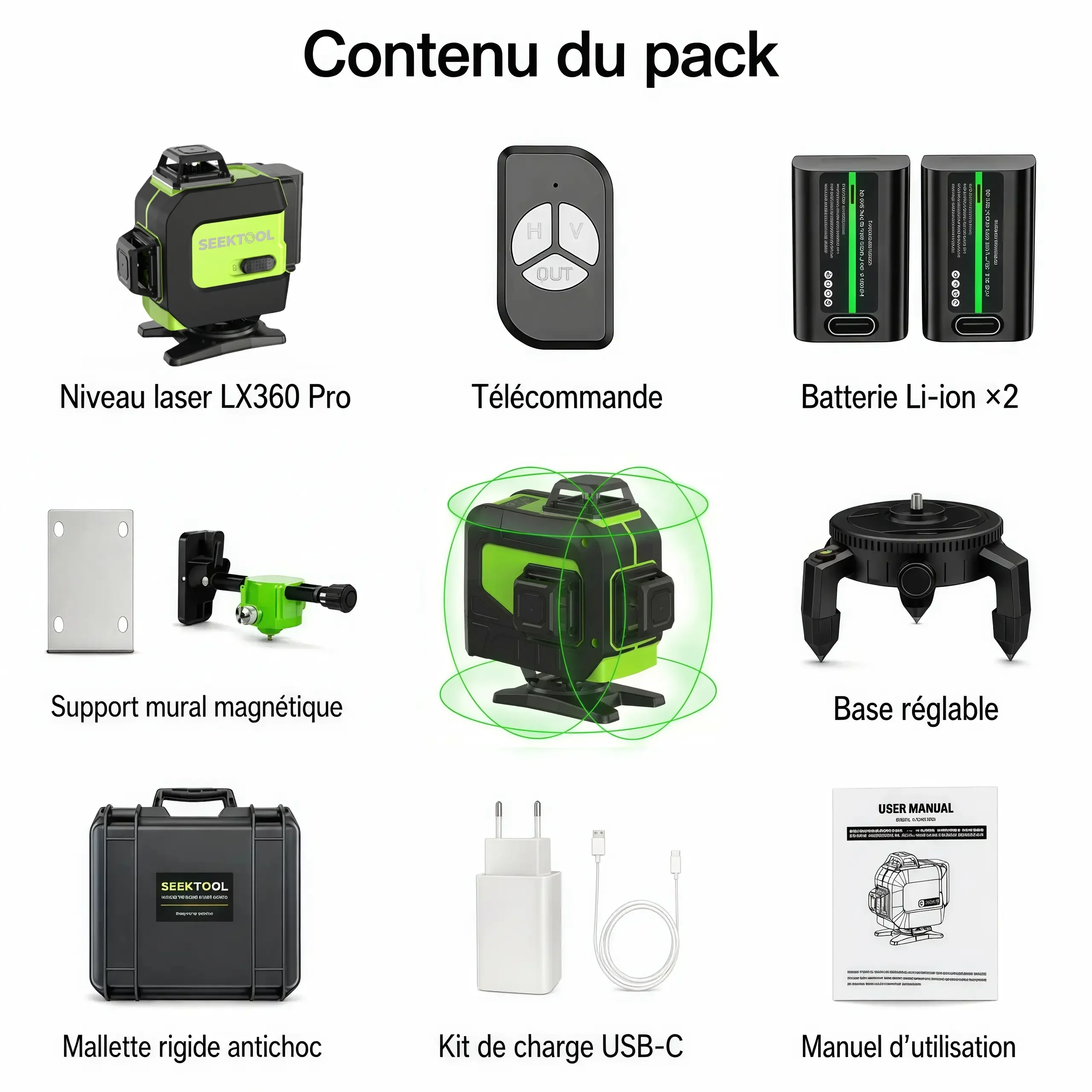 SEEKTOOL LX360 Pro – Niveau laser vert 4 x 360° à 16 lignes