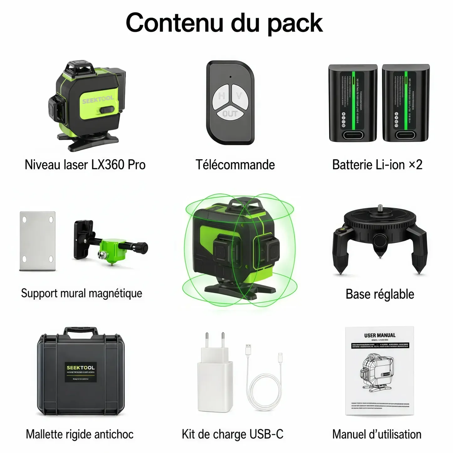SEEKTOOL LX360 Pro – Niveau laser vert 4 x 360° à 16 lignes