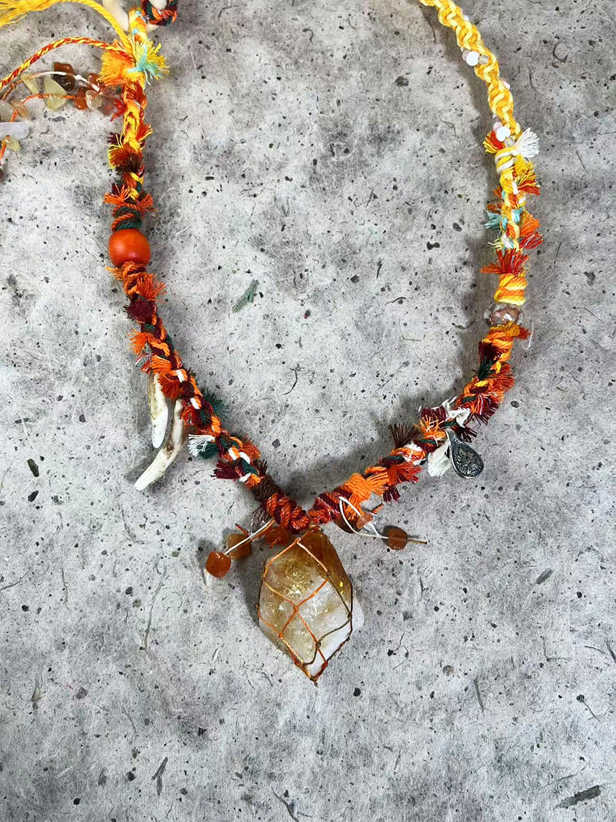 Tibetan Braided Citrine Bone Tassel Necklace-the8thknot