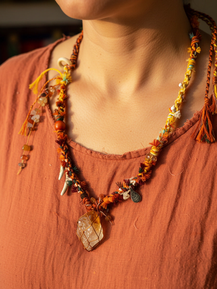 Tibetan Braided Citrine Bone Tassel Necklace-the8thknot