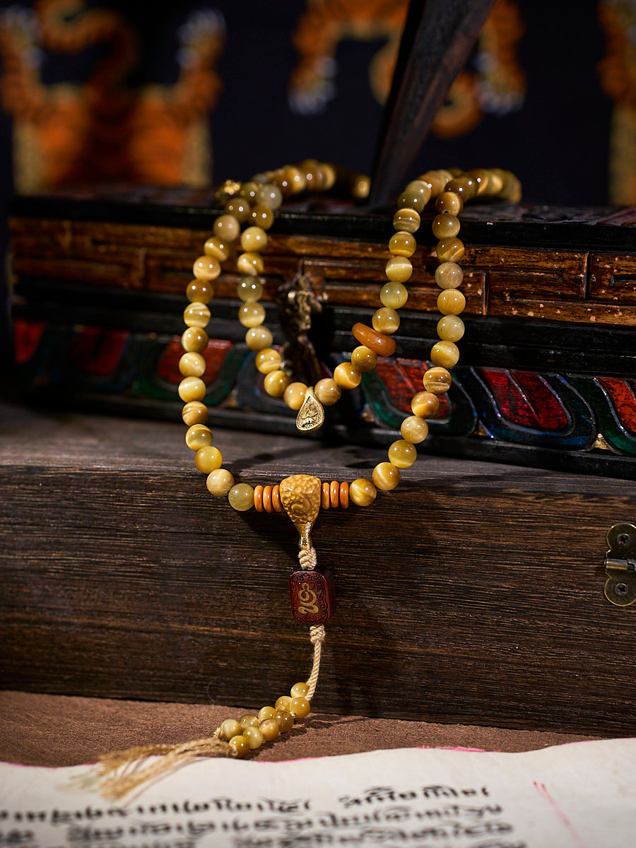 Tibetan Wealth Tiger Eye & Amber Necklace-the8thknot