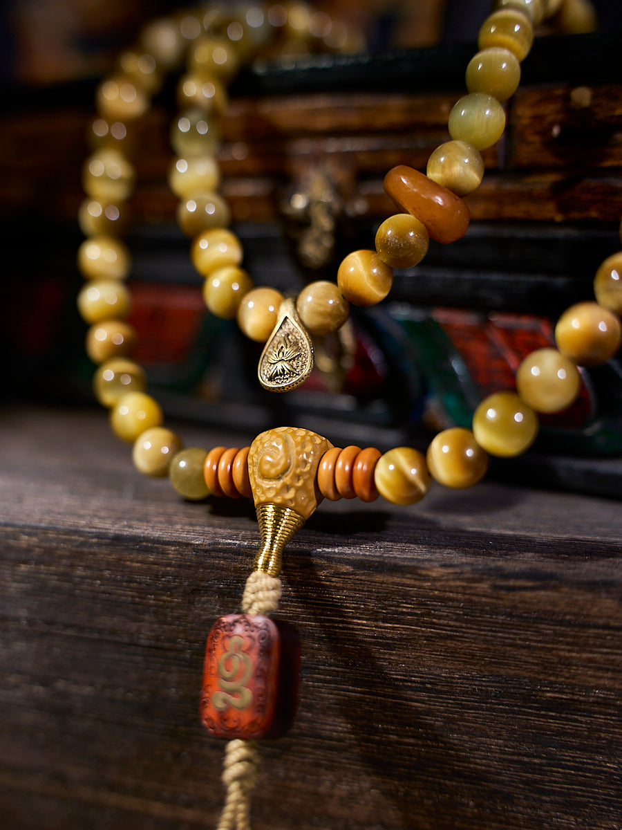 Tibetan Wealth Tiger Eye & Amber Necklace-the8thknot