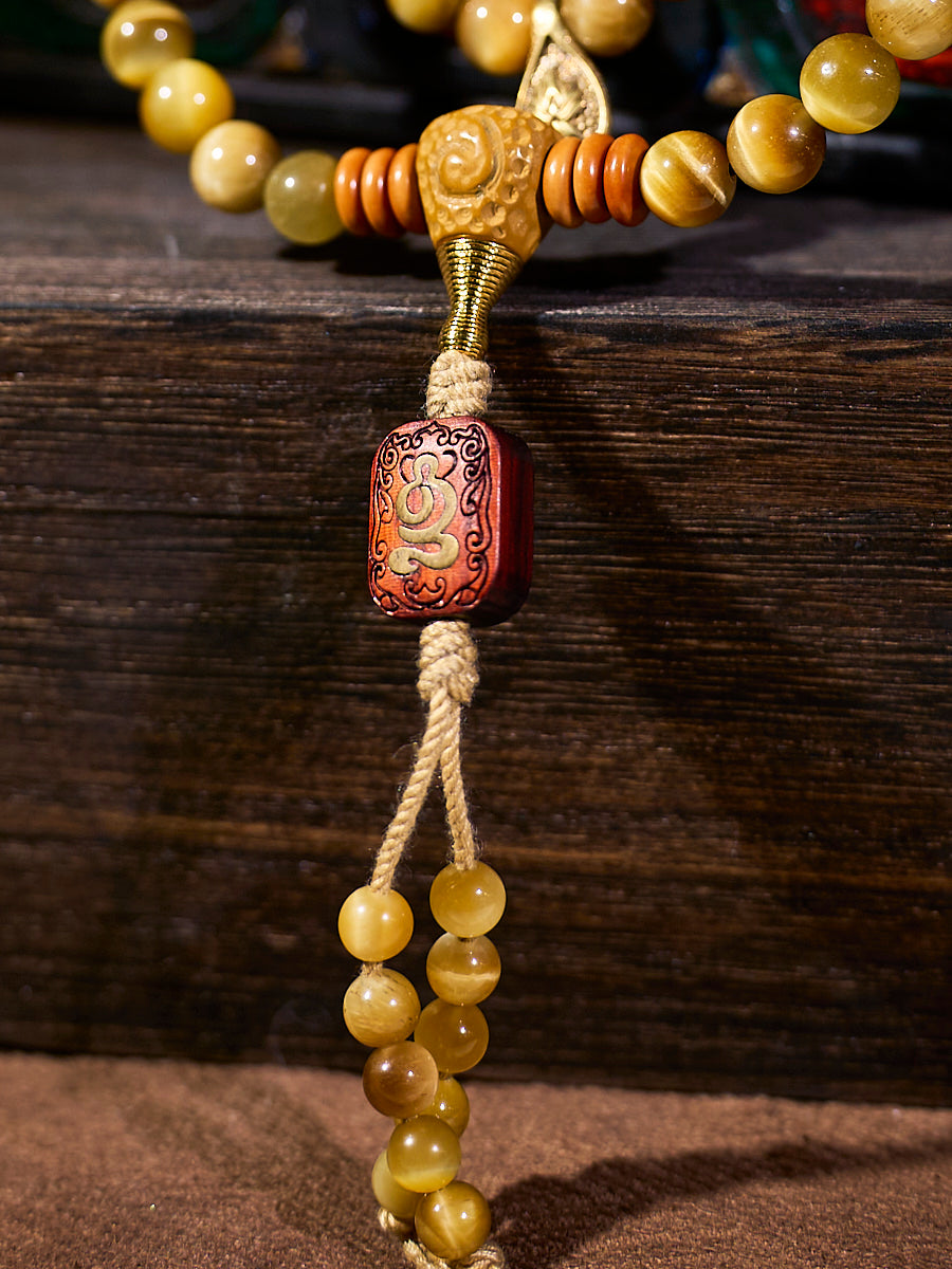 Tibetan Wealth Tiger Eye & Amber Necklace-the8thknot
