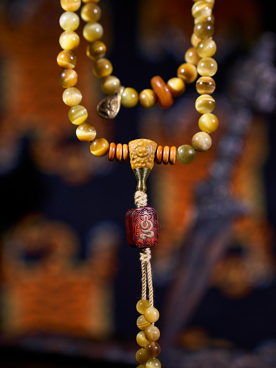 Tibetan Wealth Tiger Eye & Amber Necklace-the8thknot