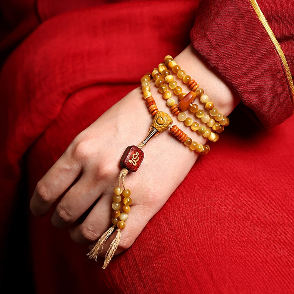 Tibetan Wealth Tiger Eye & Amber Necklace-the8thknot