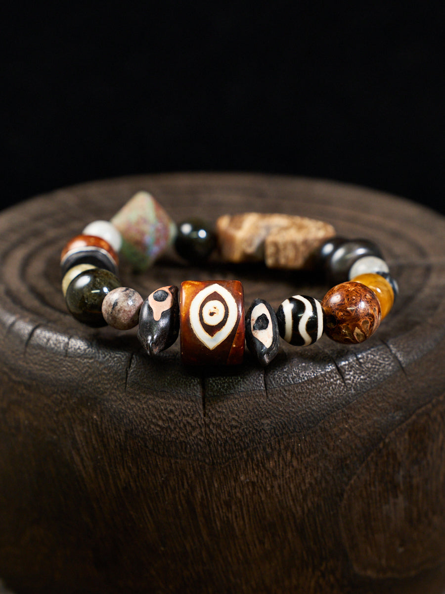Two-Eye Dzi Ebony Tiger's Eye Ancient Bead Bracelet