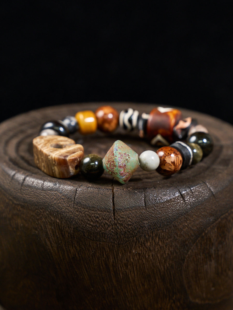 Two-Eye Dzi Ebony Tiger's Eye Ancient Bead Bracelet