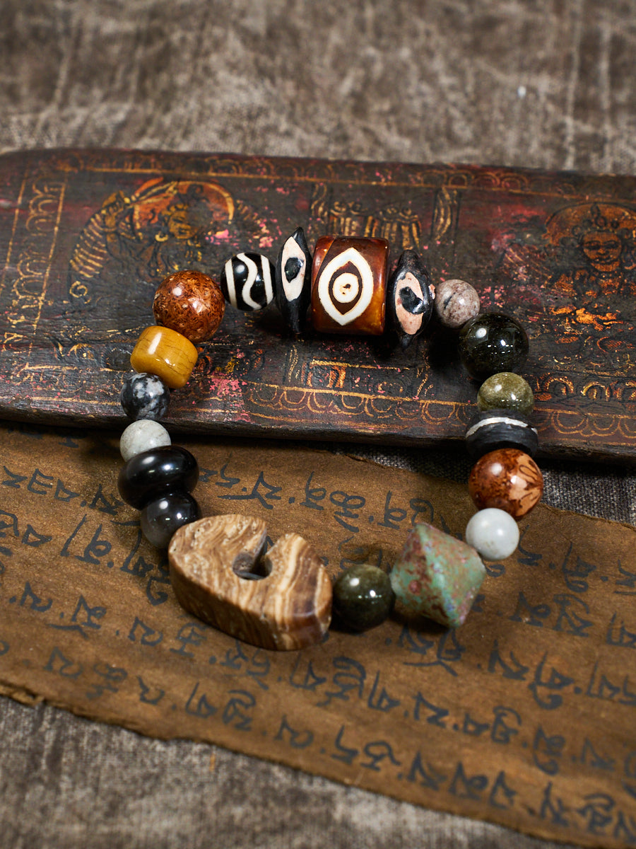 Two-Eye Dzi Ebony Tiger's Eye Ancient Bead Bracelet