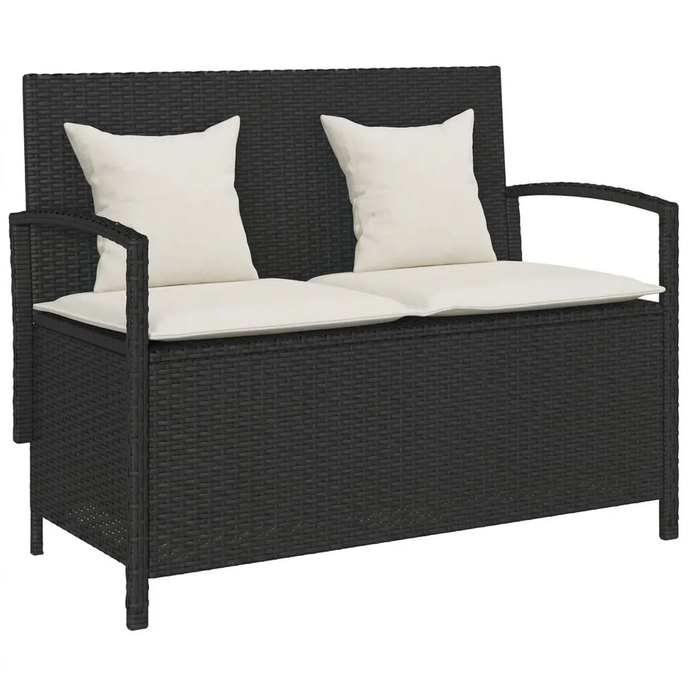 Banco de jardín con almacenamiento y cojín en ratán sintético negro