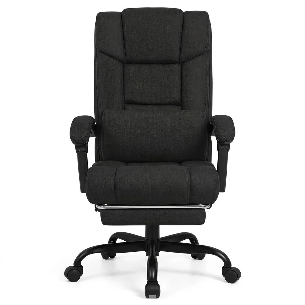 Silla de Oficina con Soporte Lumbar Ajustable y Reposapiés, Respaldo Alto, Tela de Lino Negro