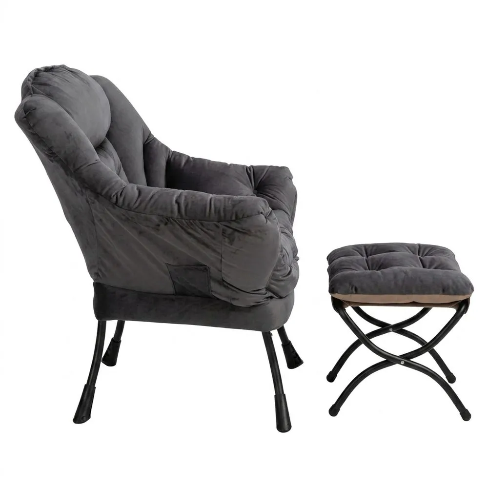 Sillón Reposapiés Acolchado Relajante de Terciopelo Gris Oscuro