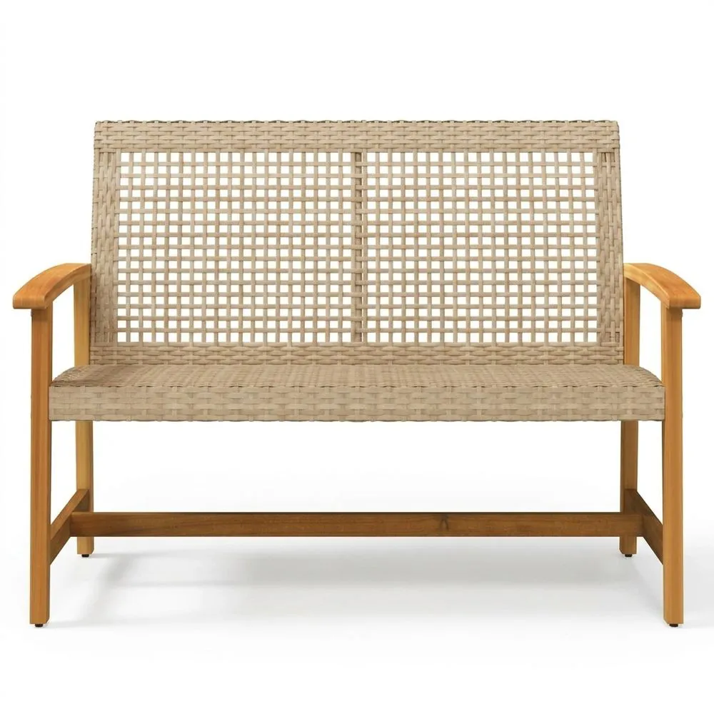 Banco de jardín con respaldo y reposabrazos, asiento exterior de madera de acacia y ratán beige