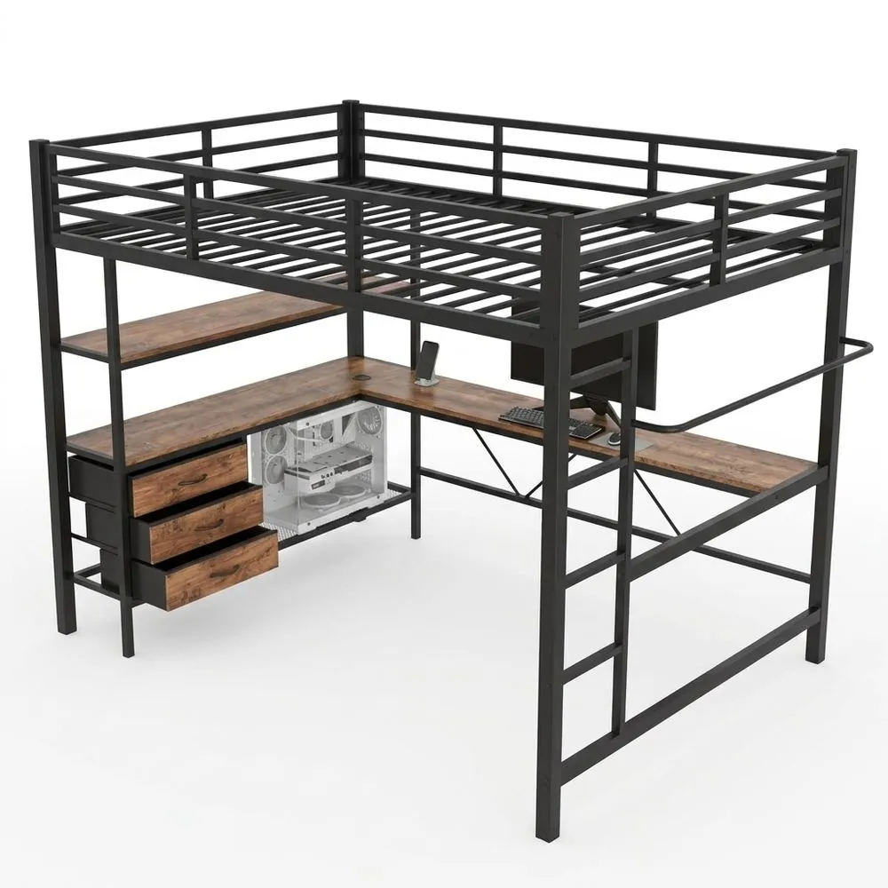 Cama litera con luces LED, escritorio y almacenamiento