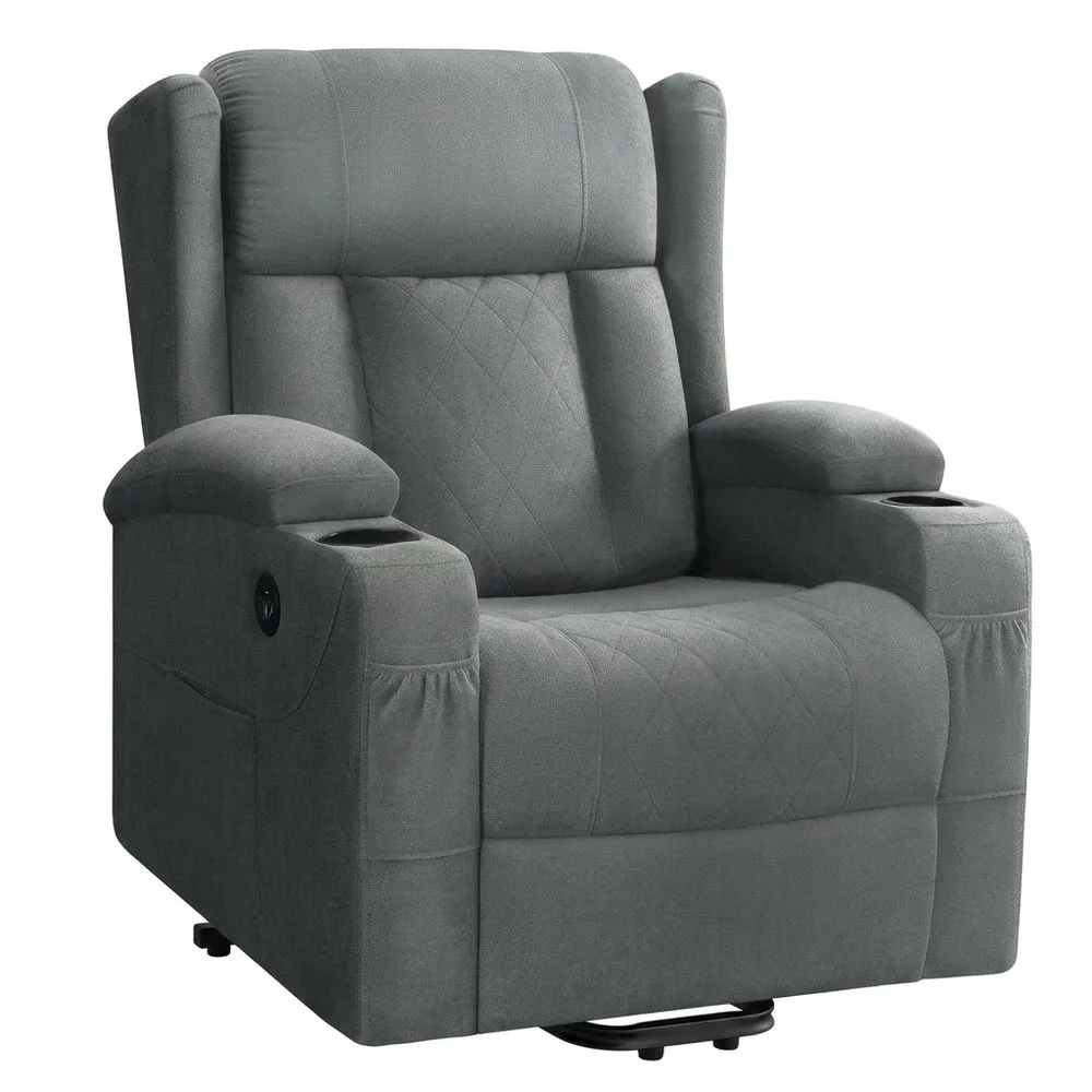 Sillón Reclinable Eléctrico, Silla de Masaje con Ayuda de Elevación, Calefacción, Reposapiés, Bolsillos, Portavasos, Puerto USB, Tela Gris