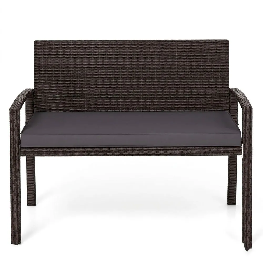 Banco de Ratán para Jardín Exterior, 2 Plazas, con Cojín Acolchado y Estructura Metálica