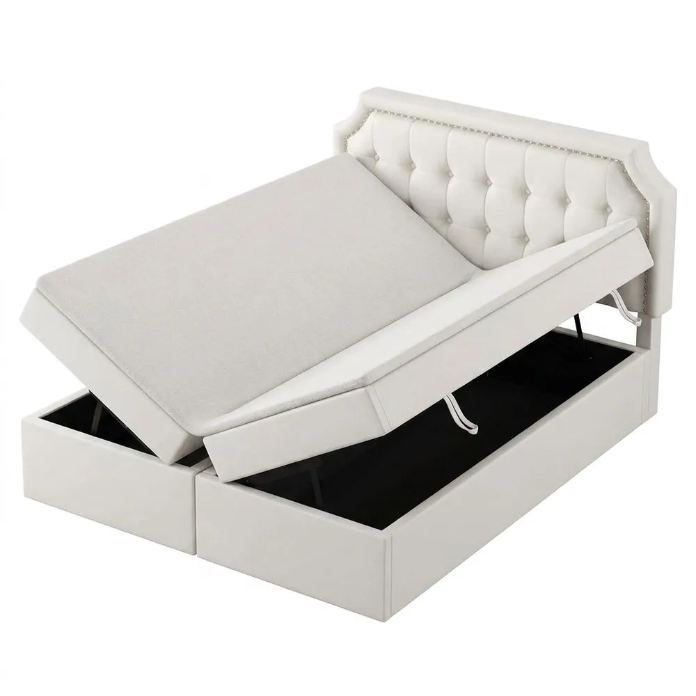 Cama Doble Tapizada 140 x 200 cm con Cajón y Cabecero Ajustable