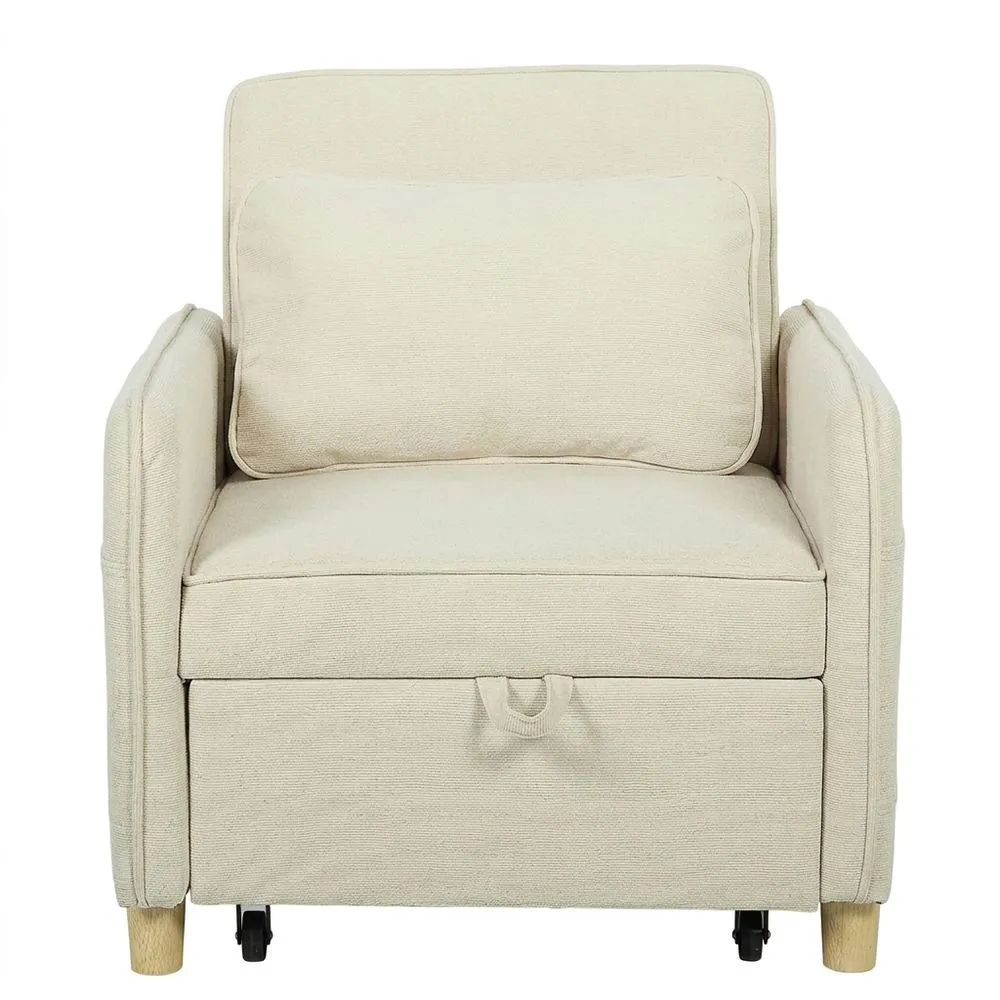 Sofá Cama 3 en 1 de Terciopelo Ecológico con Respaldo Ajustable y Bolsillos Laterales, Beige