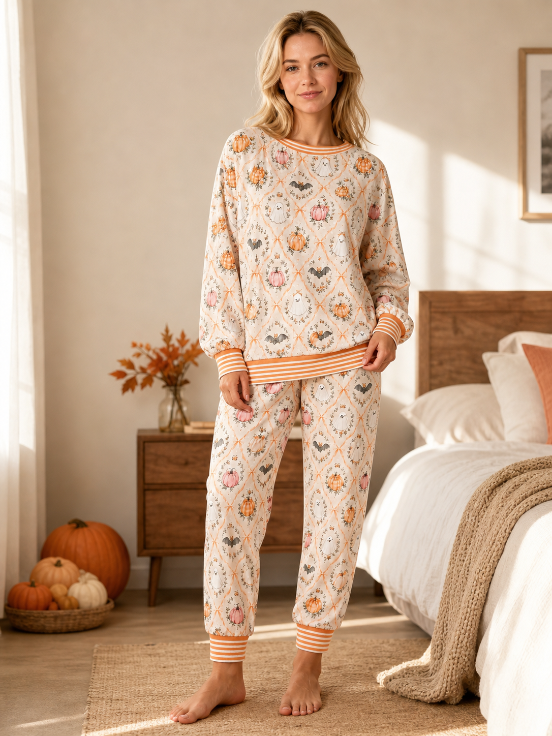 Orange pumpkin ghost print long sleeve pajama top and cuffed jogger pants shown as a matching set