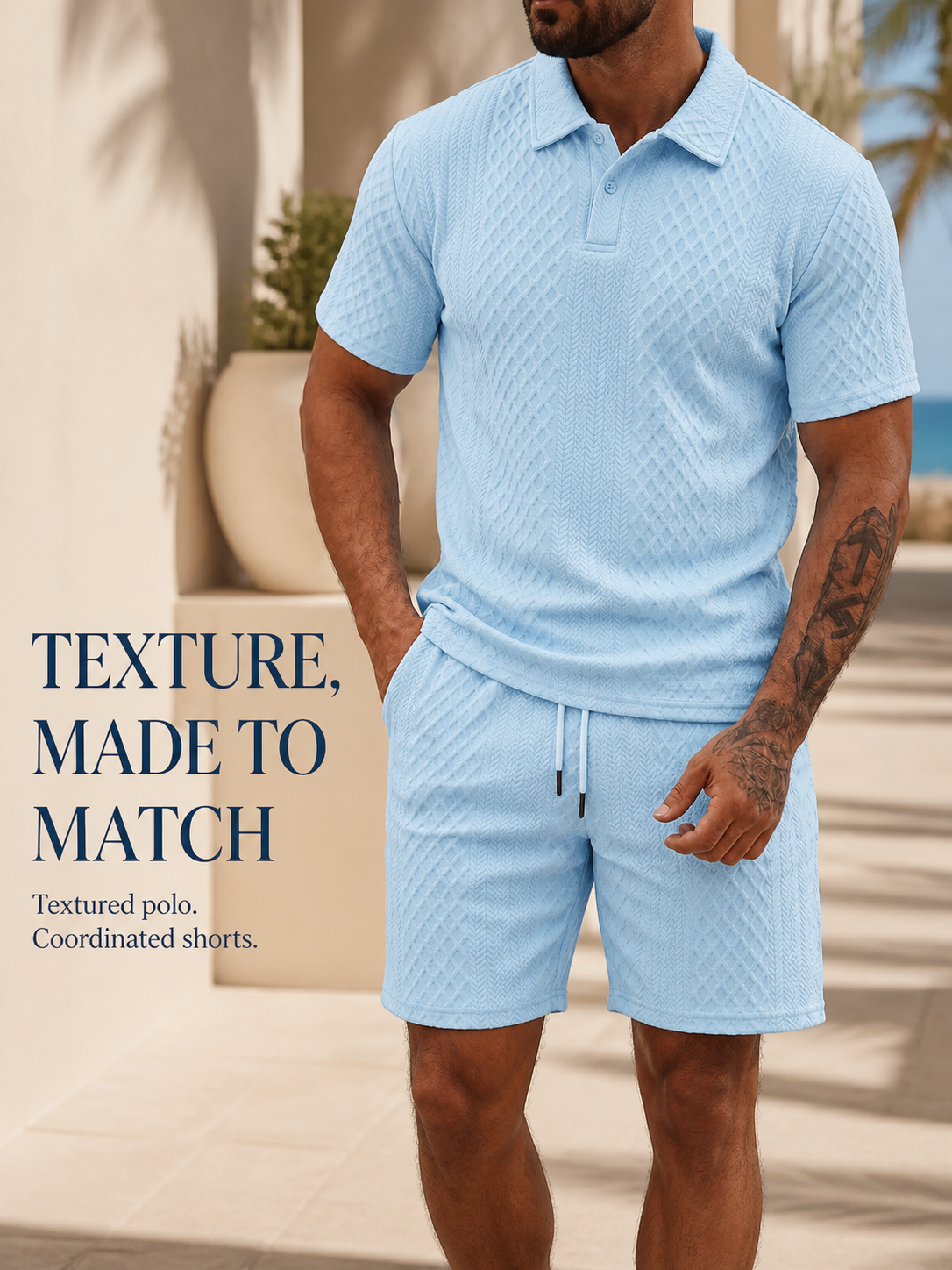 Clear Blue textured jacquard polo shirt and shorts two piece set on a man