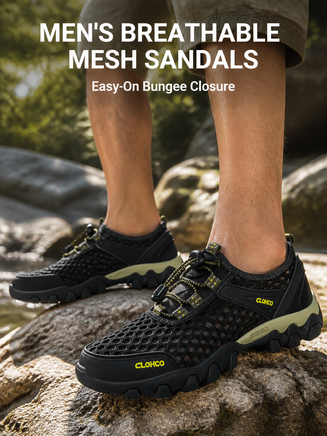 Men's breathable mesh sandals with bungee closure, worn outdoors on rocks