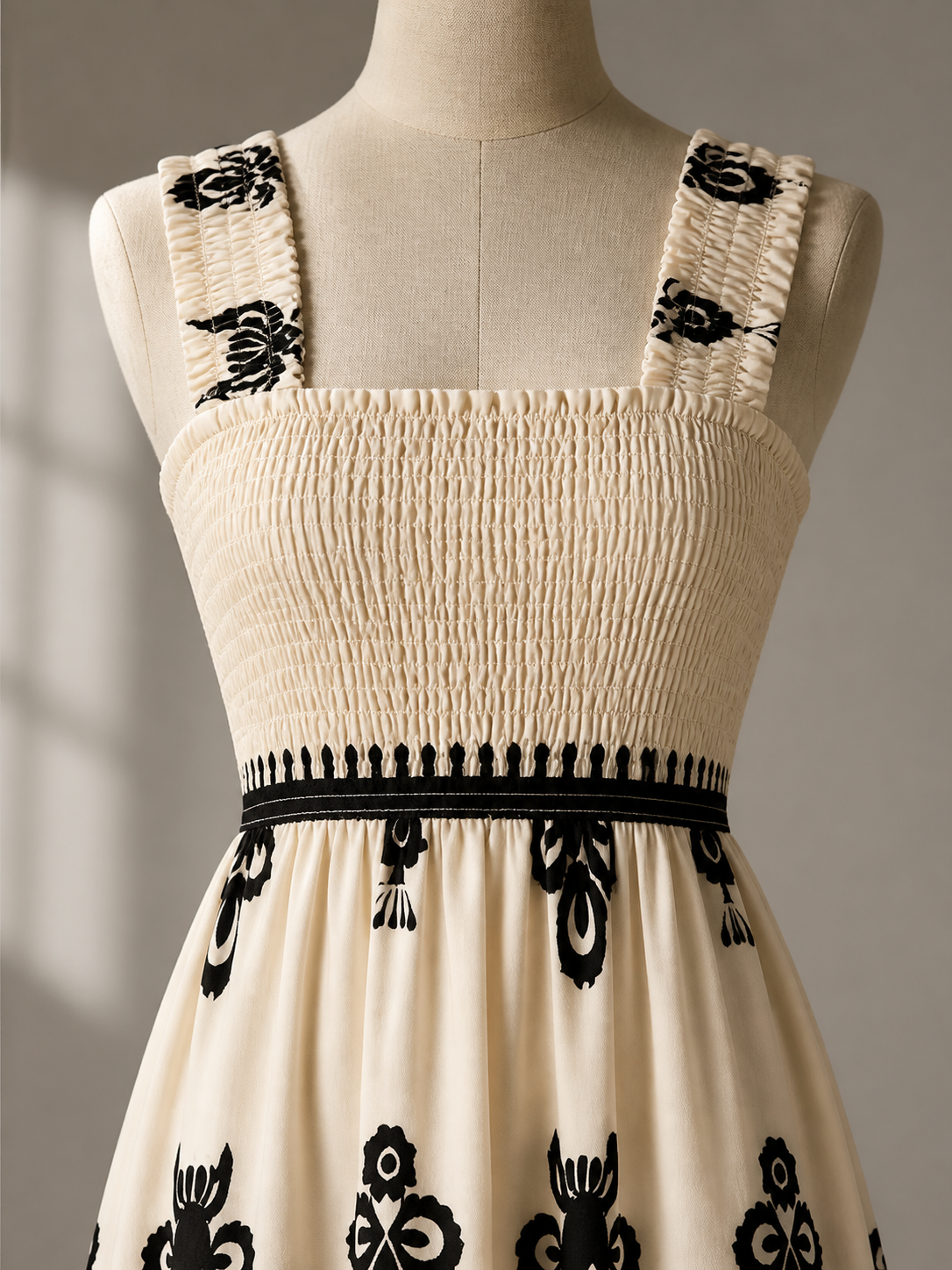 Close view of the square neckline, wide straps, and smocked waist on the printed dress