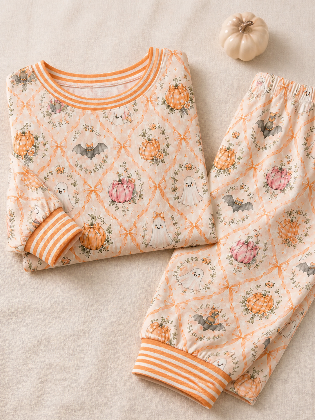 Close product view of the Orange pajama set print and orange-and-cream striped trim