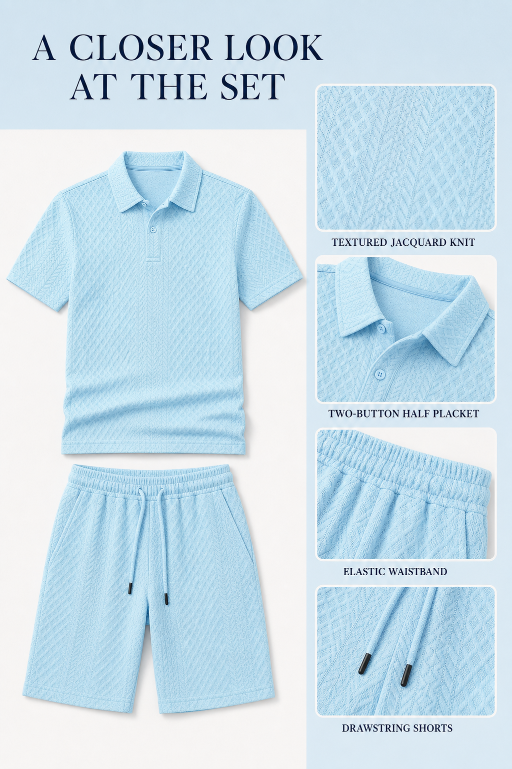 Textured jacquard knit, polo collar, two-button placket, and drawstring shorts details