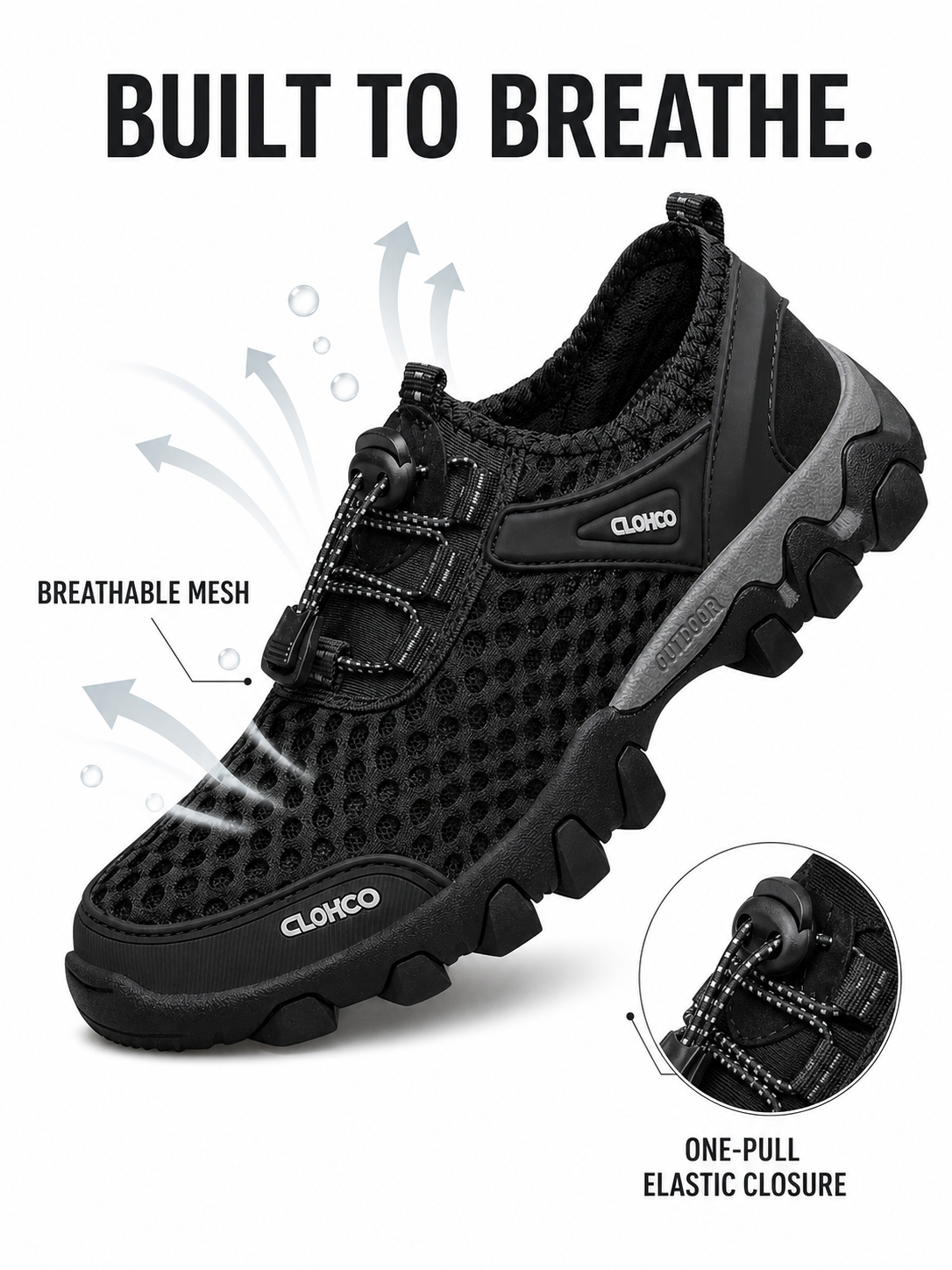 Breathable mesh upper and one-pull elastic closure close-up infographic