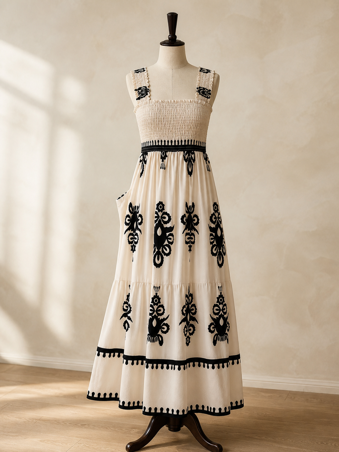 Full view of the tiered A-line dress with smocked waist and side pocket detail