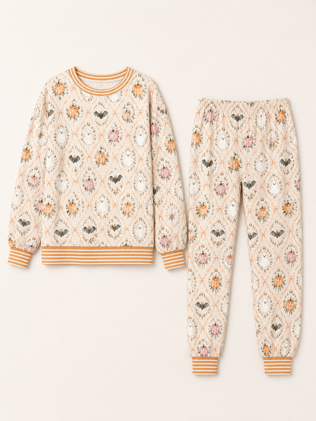 Orange round-neck long sleeve top and full-length cuffed jogger pants shown separately as a matching two-piece pajama set