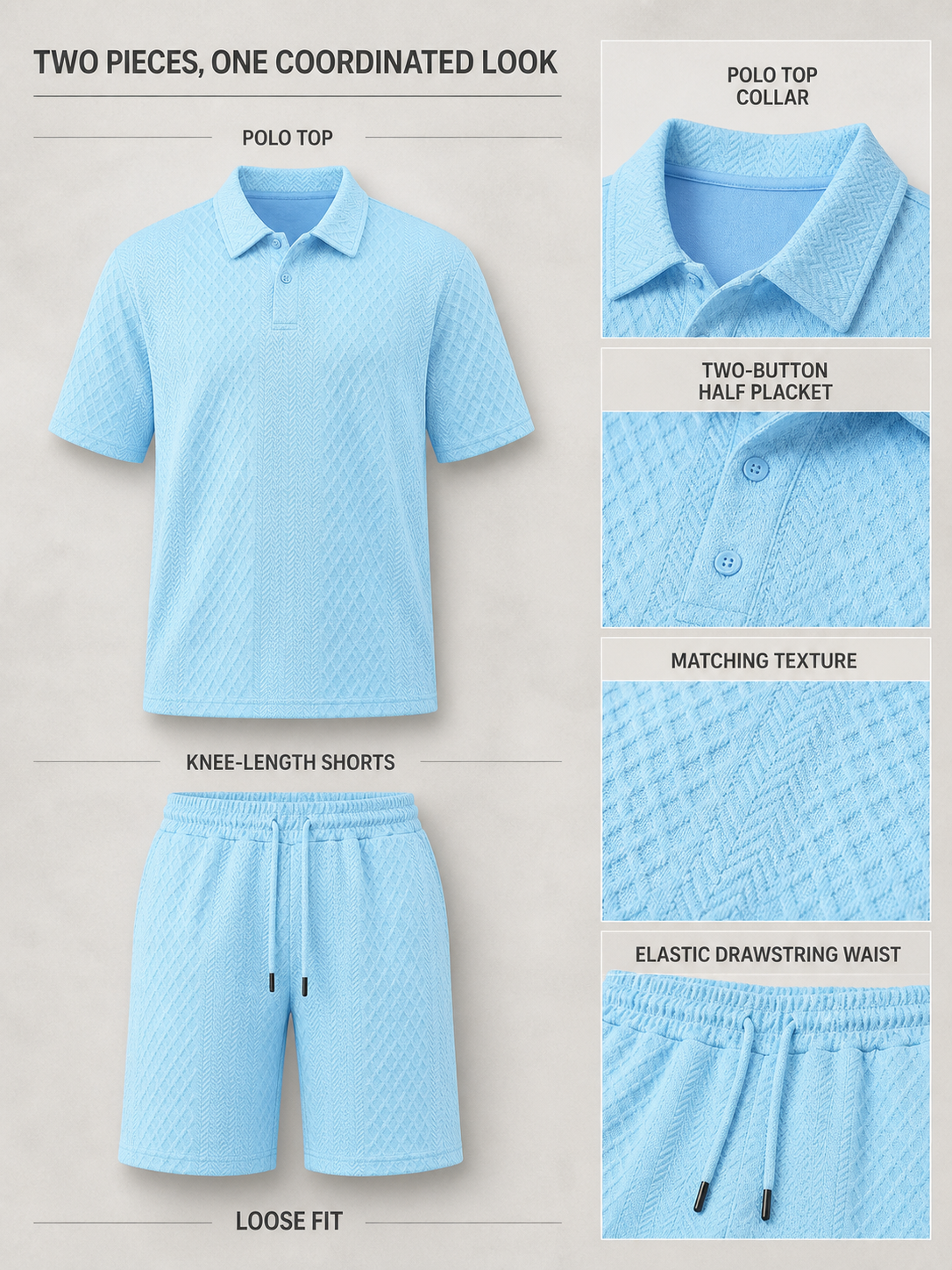 Clear Blue textured polo top and matching knee-length shorts structure