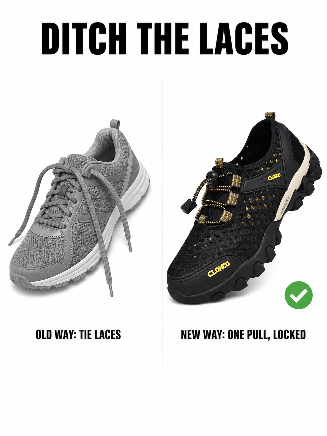 Comparison infographic: traditional laces versus one-pull elastic bungee closure