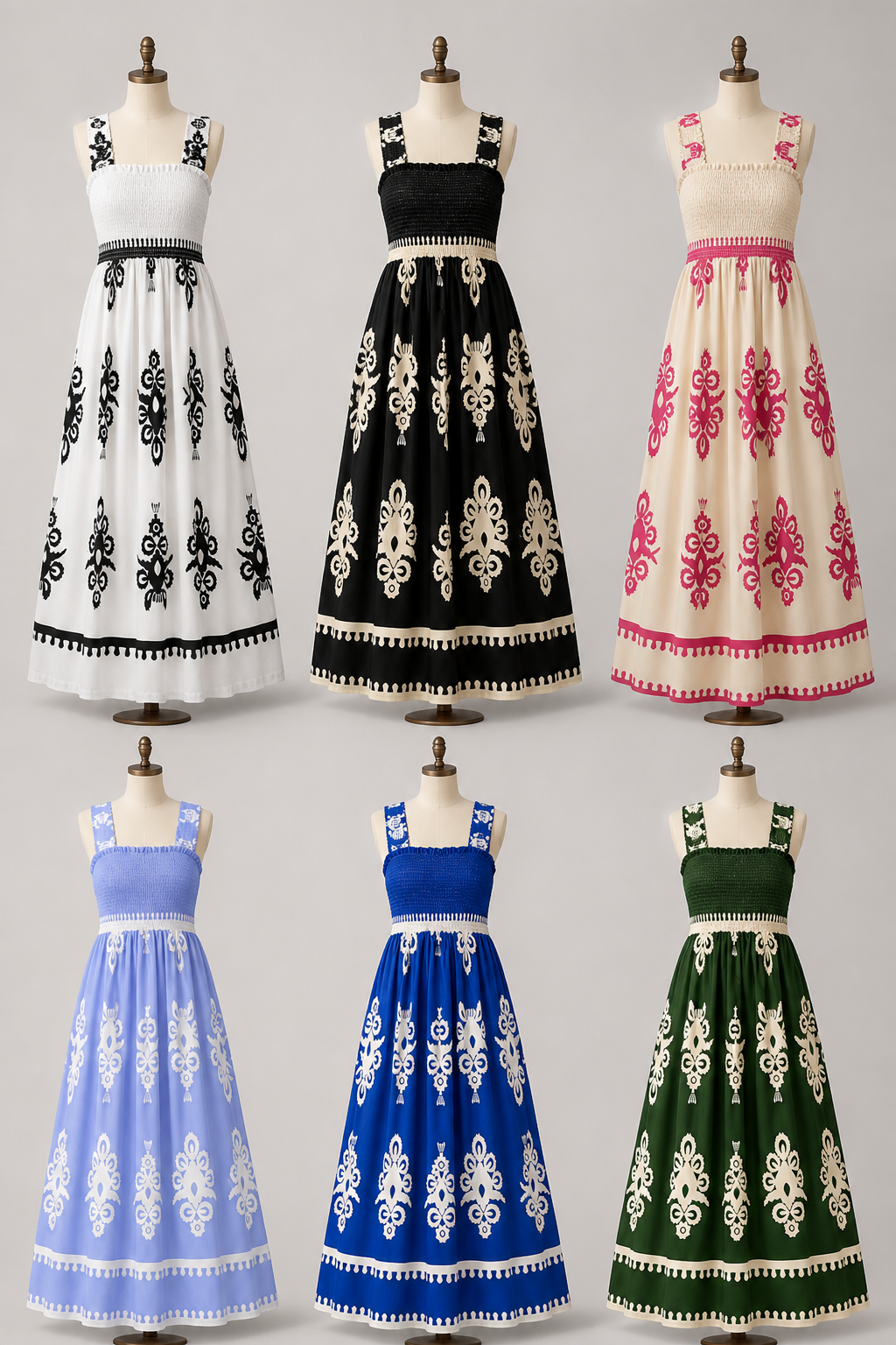 Six real color options for the square-neck tiered maxi dress